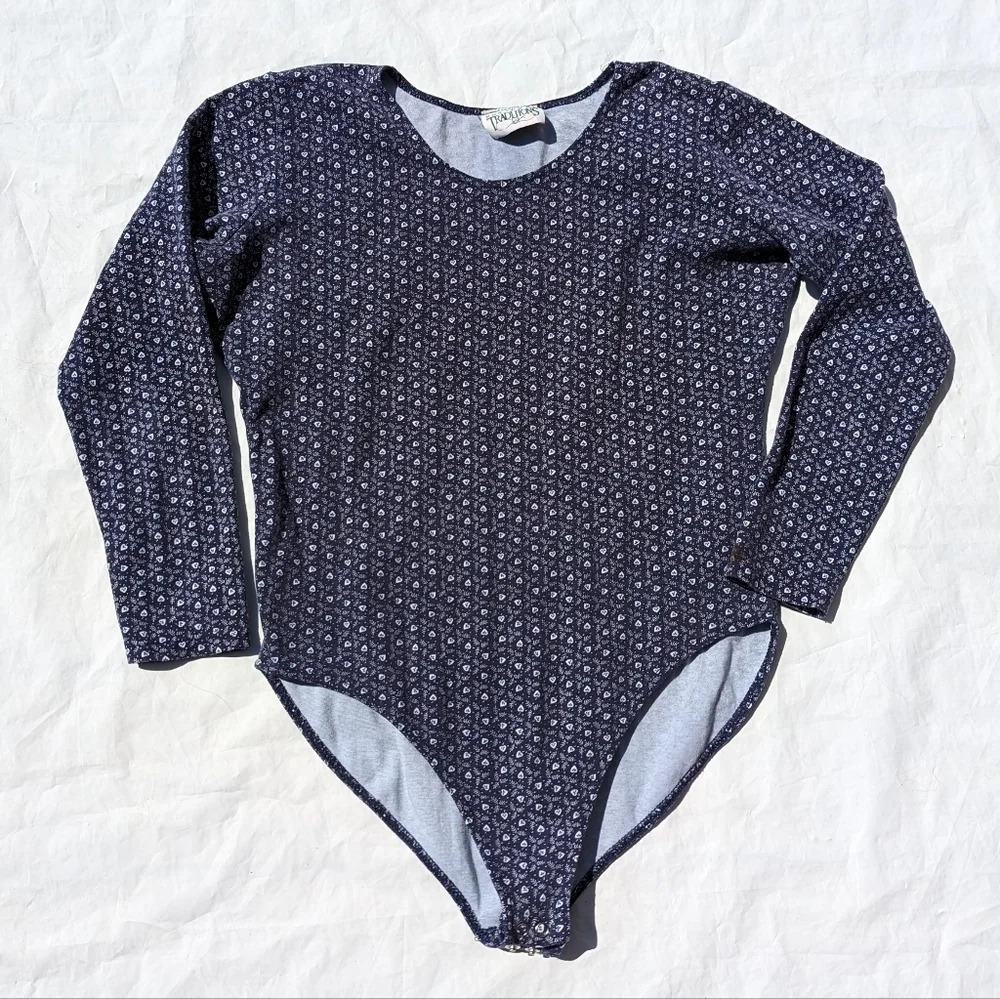 Vintage Northern Traditions Navy Hearts Body Suit Long Sleeve Snaps Woman